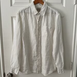 LL Bean Women’s Linen Blouse Size L White Button Down Coastal Preppy Career